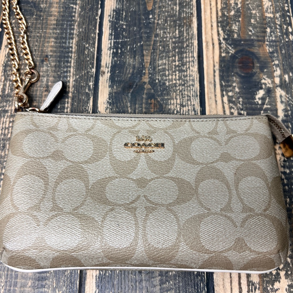 Coach Beige Signature Wristlet with Gold Chain